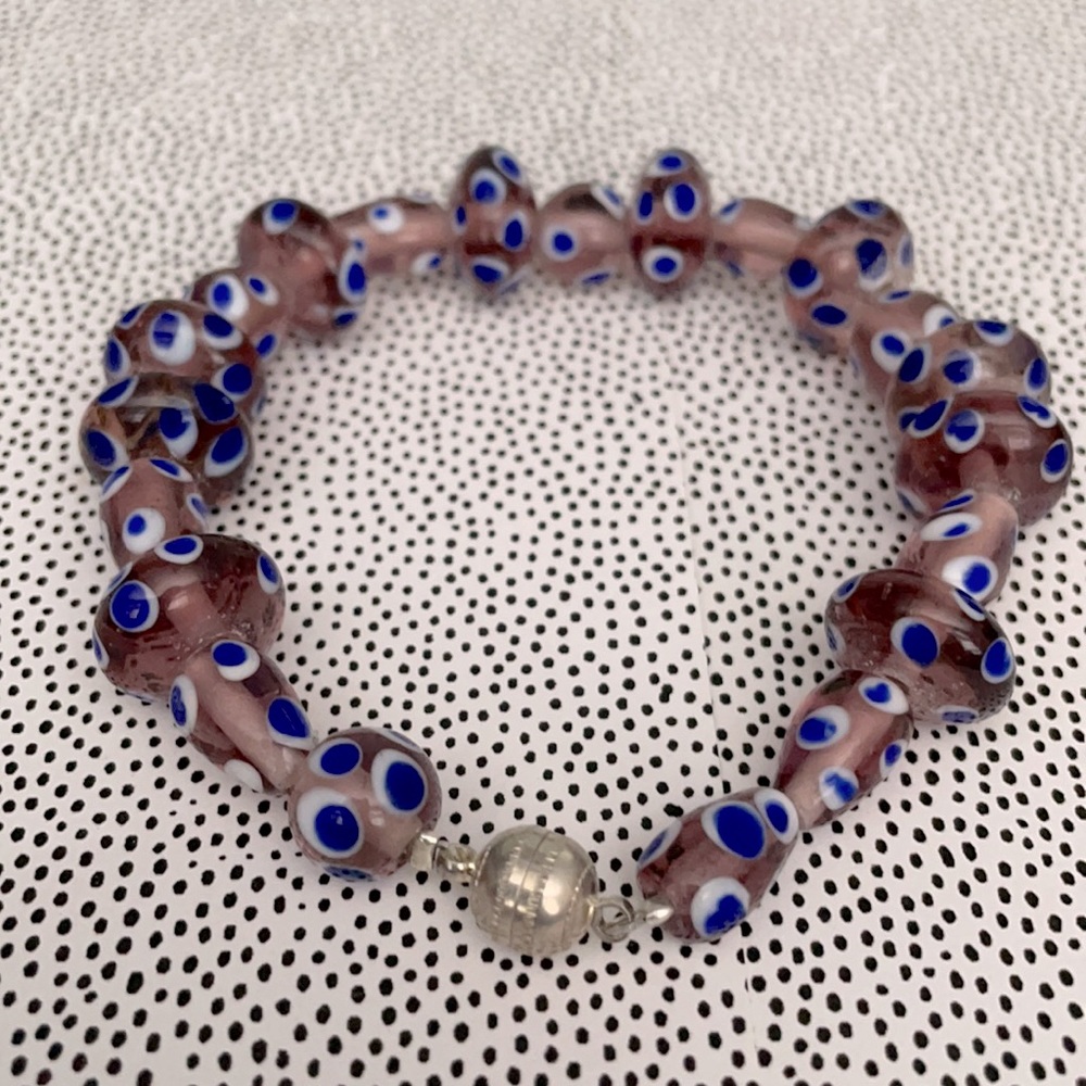 Lampwork Hand Blown Glass Bead Bracelet “Evil Eye?” w Silver Magnet Clasp